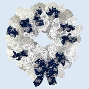 Winter White Silver & Navy Snowflake Wreath 26” Ready to Ship